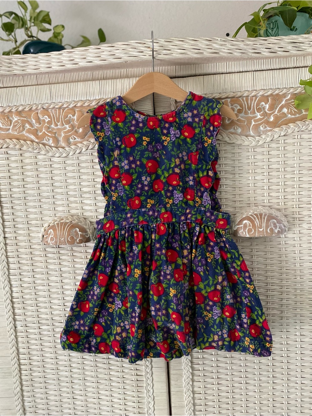 Vintage Navy Dress with Red Apple & Multicolor Floral Print